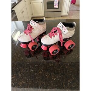 White Pacer GTX 500 Mach 5 Quad Speed Roller Skates With Pink Wheels Size 3 Kids